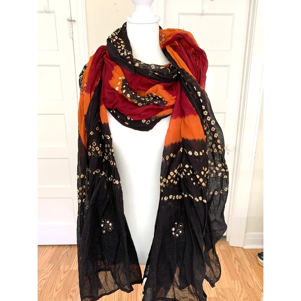 Gypsy Sheer Scarf Delicate Silver Sequins Rectangle 42 x 96 Maroon Black Orange